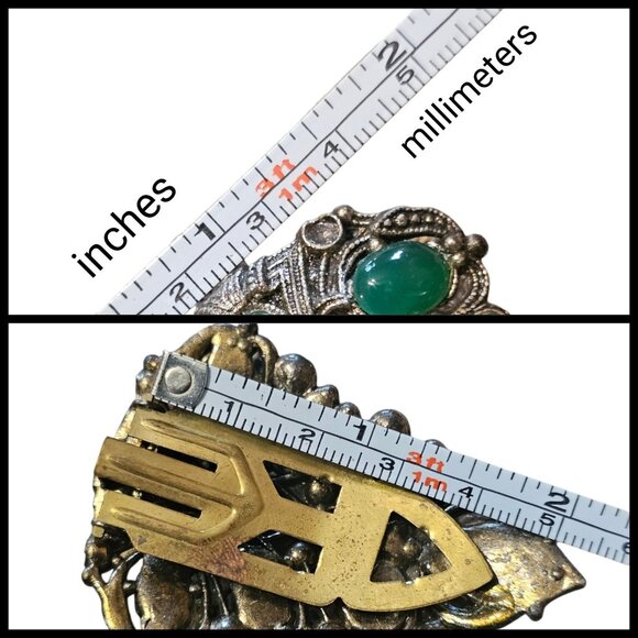 VTG Art Deco Green Leaf Cabochon Dress Clips Silver Tone 1930s 40s? Estate - Picture 9 of 12